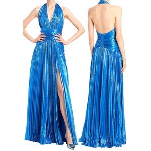 Zuhair Murad Pleated Halterneck Gown Long Maxi Dress Size 40 / US 8 Azure Blue